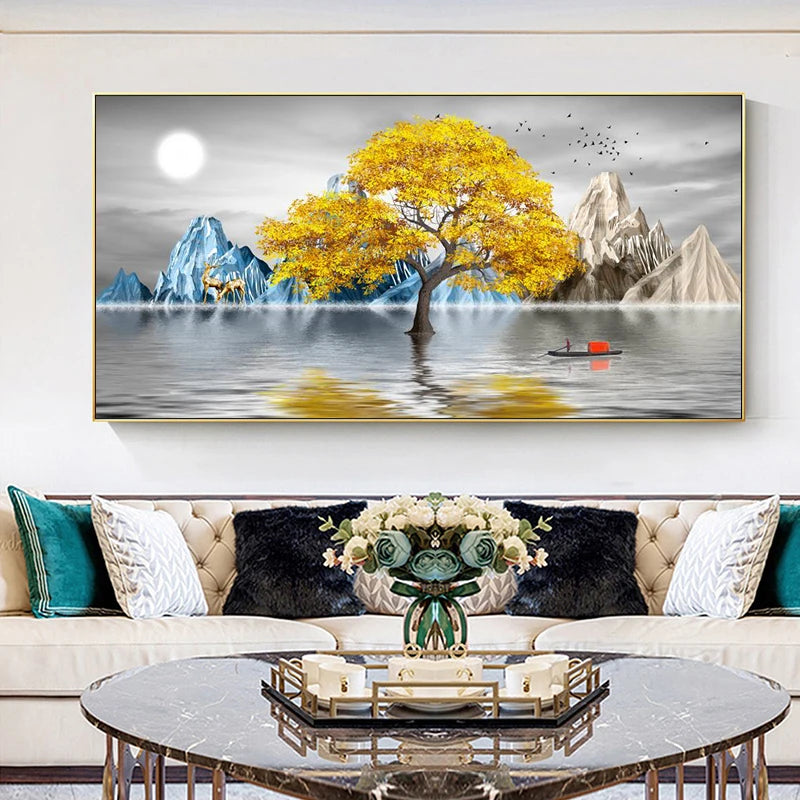 Abstract Luxury Flowers Canvas Painting, Golden Rich Tree, Wall Art Posters Money Tree Prints, Living Room, Porch, Home Decor Peaceful Pleasures Health and Wellness