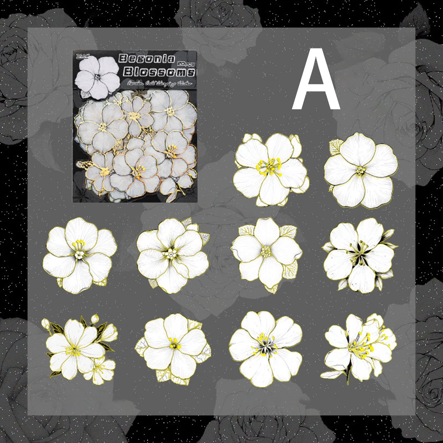 Black and White Flower Stickers with Gold Holographic Outlines, Glitter Shiny Waterproof Decals for Scrapbooking, Journal Peaceful Pleasures Health and Wellness A 3set