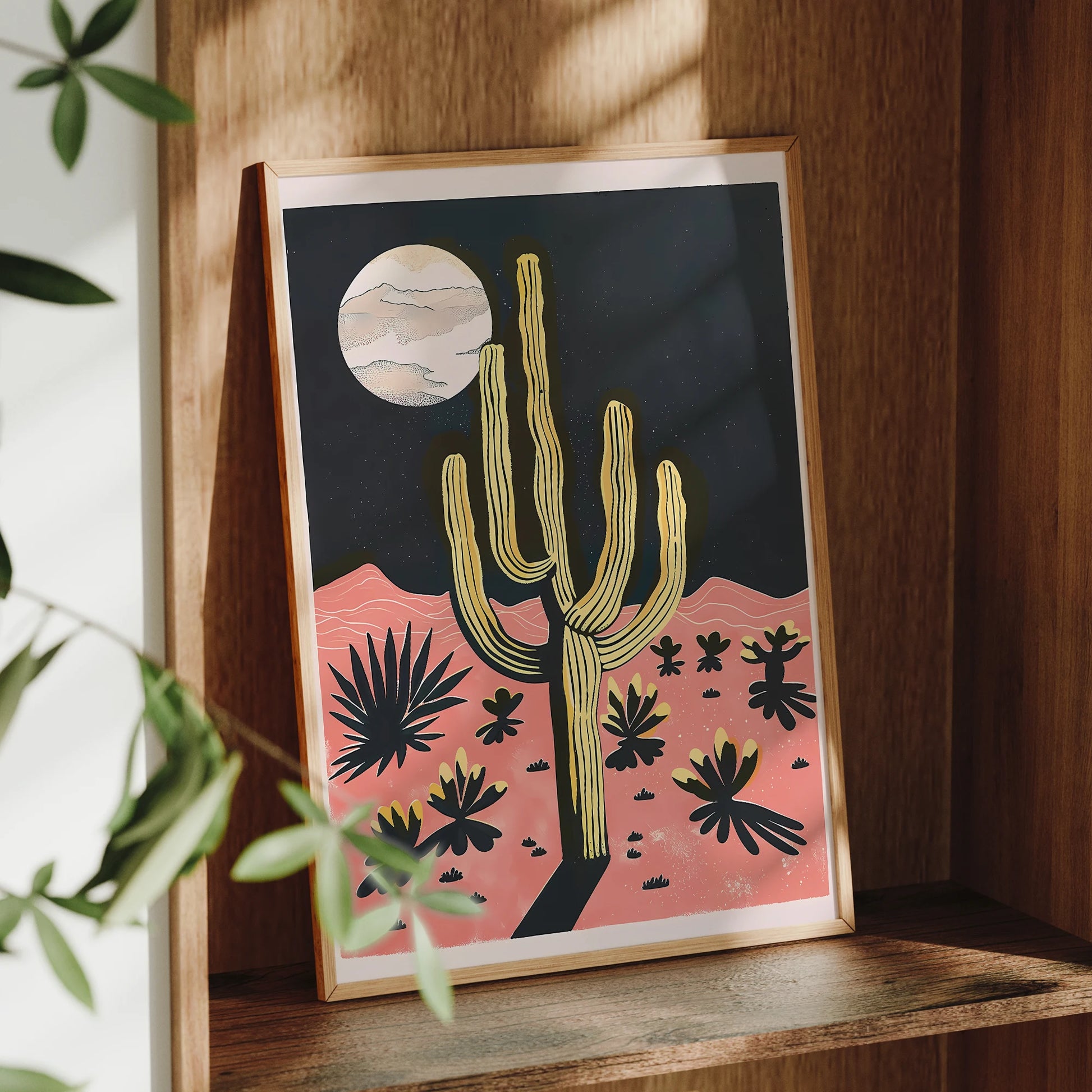 Modern Desert Night Moon Giant Cactus Wall Art Aluminum Frame Prints Canvas Painting Poster Picture For Living Room Home Decor Peaceful Pleasures Health and Wellness