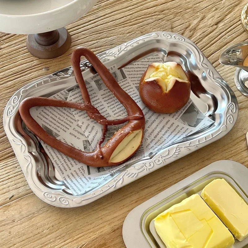 Hot Stainless Steel Rectangular Tray with Embossed Design for Kitchen Living Room Storage Durable Fruit Snack Cake Serving Dish Peaceful Pleasures Health and Wellness
