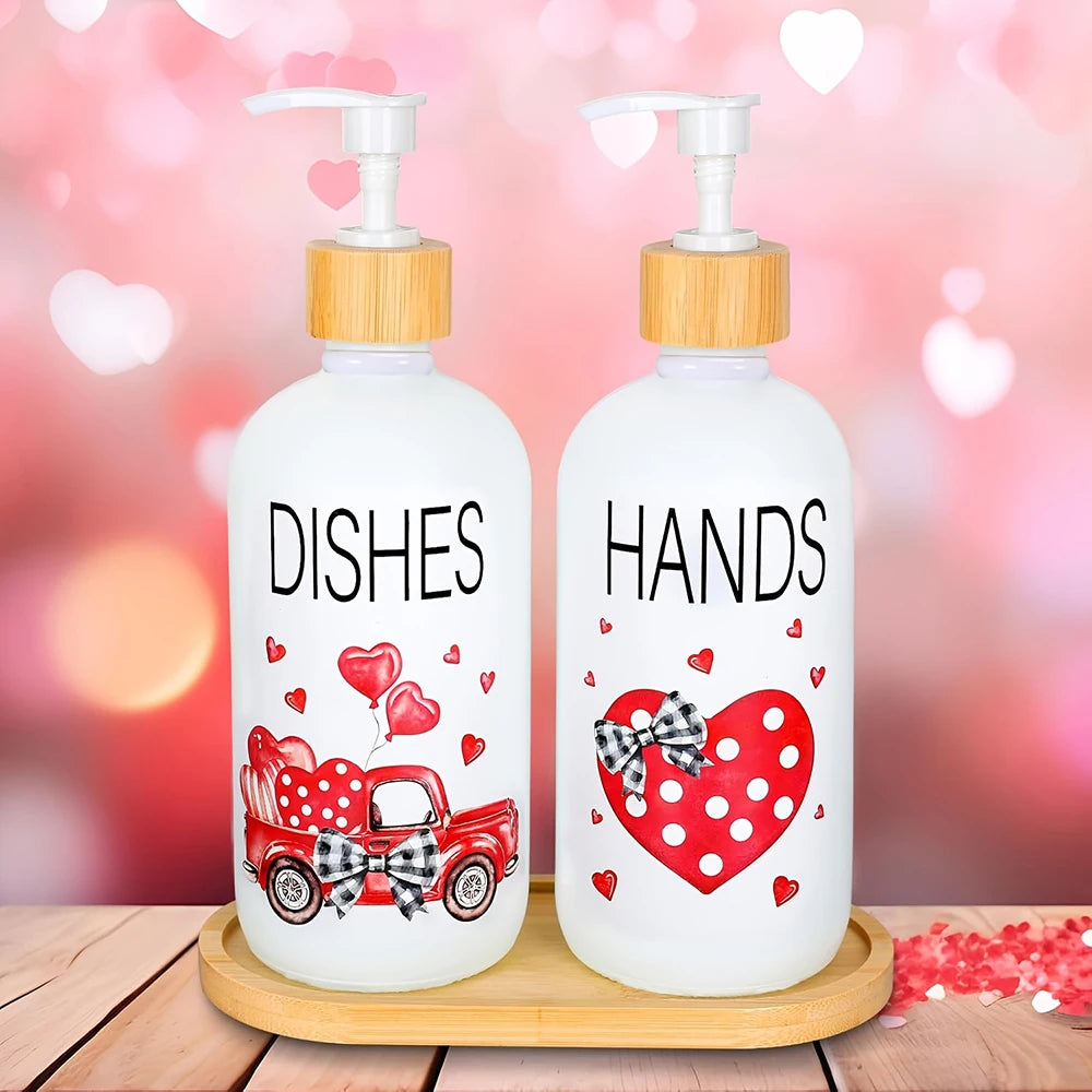 Watercolor Red Heart Truck Soap Dispenser with Tray – Refillable Pump Liquid Soap Container, Mother’s Day Gift Peaceful Pleasures Health and Wellness A Set
