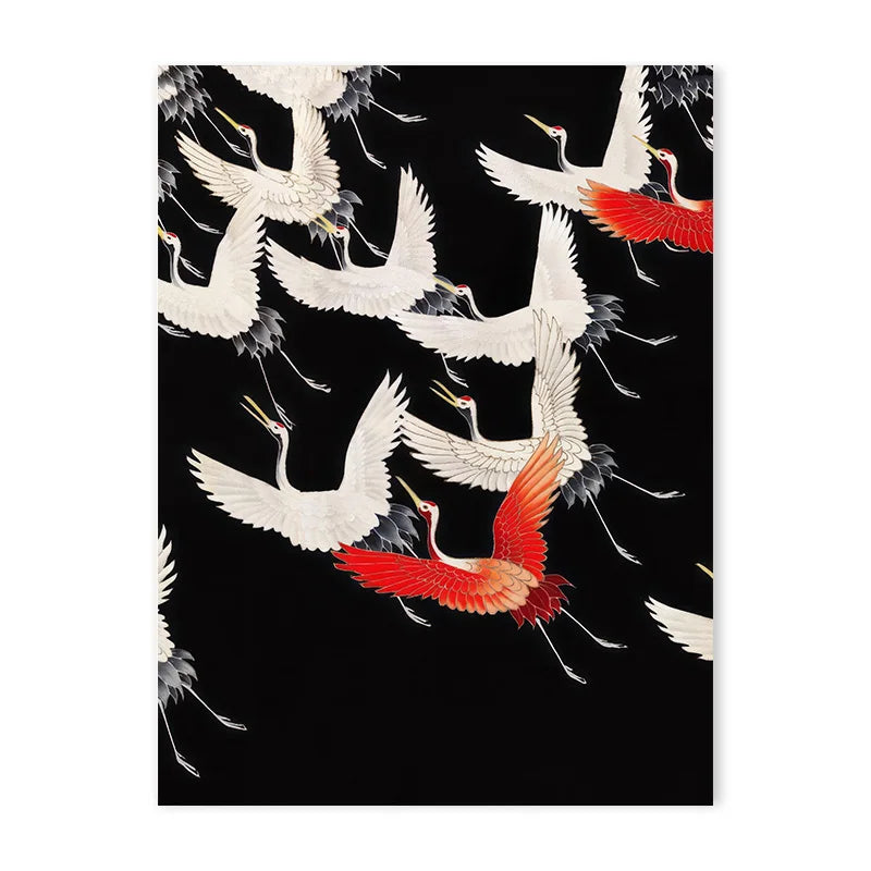 Red Crane Hokusai Canvas Wall Art | Coastal Vintage Print