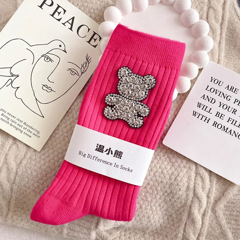 Diamond Cartoon Bear Decorative Socks, Fashionable Diamond Sparkling Women's Socks, Comfortable And Breathable Christmas Socks Peaceful Pleasures Health and Wellness Rose Red One Size
