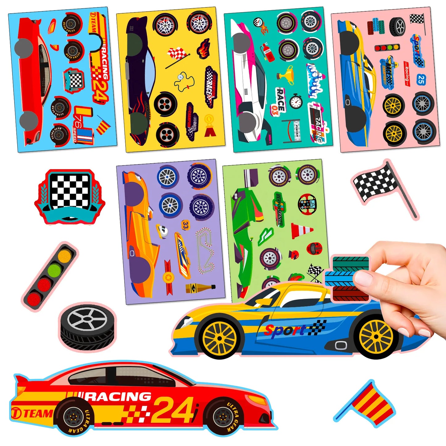 Cool Racing Car Cartoon Puzzle Sticker 6 Sheets DIY Face Swap