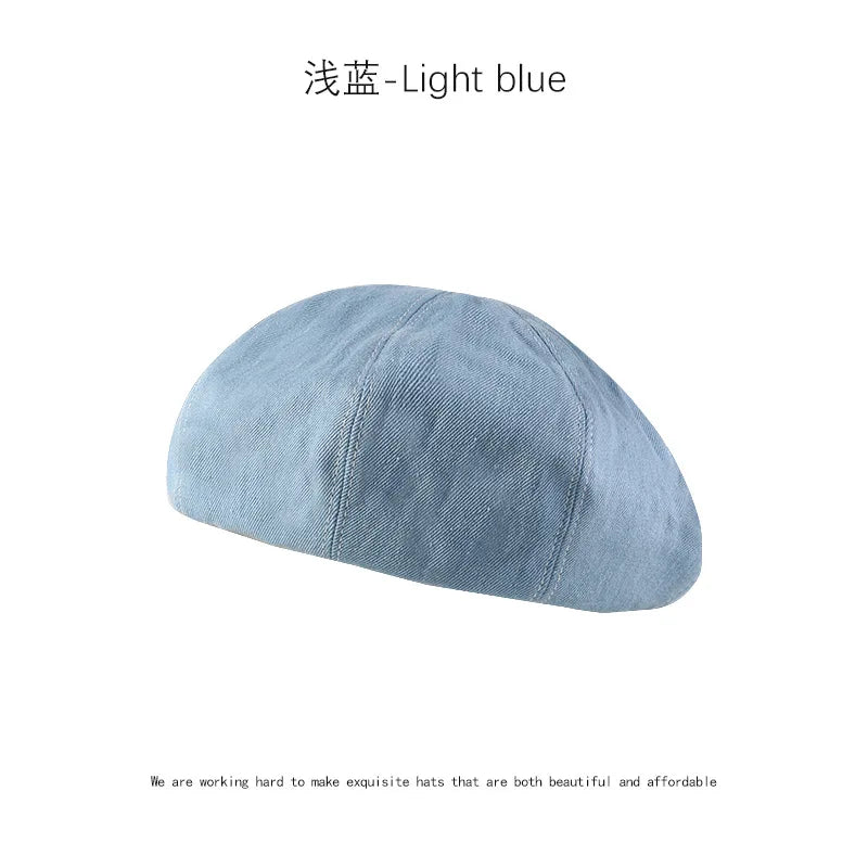 Women's Cotton Denim Beret | Adjustable Solid Color Spring Hat