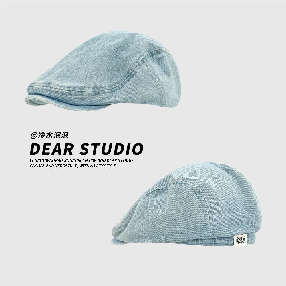Women's Retro Washed Denim Beret | Cotton Forward Hat