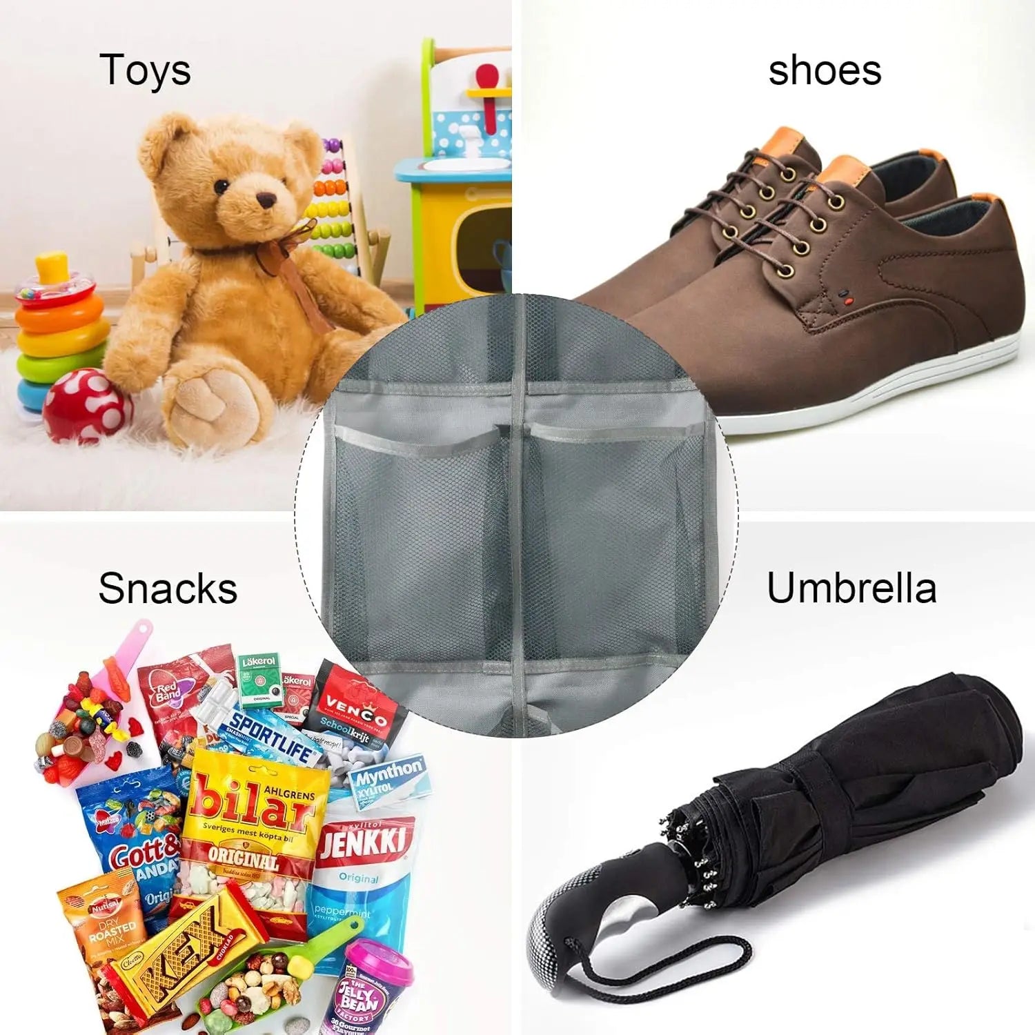 Collage of items including toys, shoes, snacks, and an umbrella.