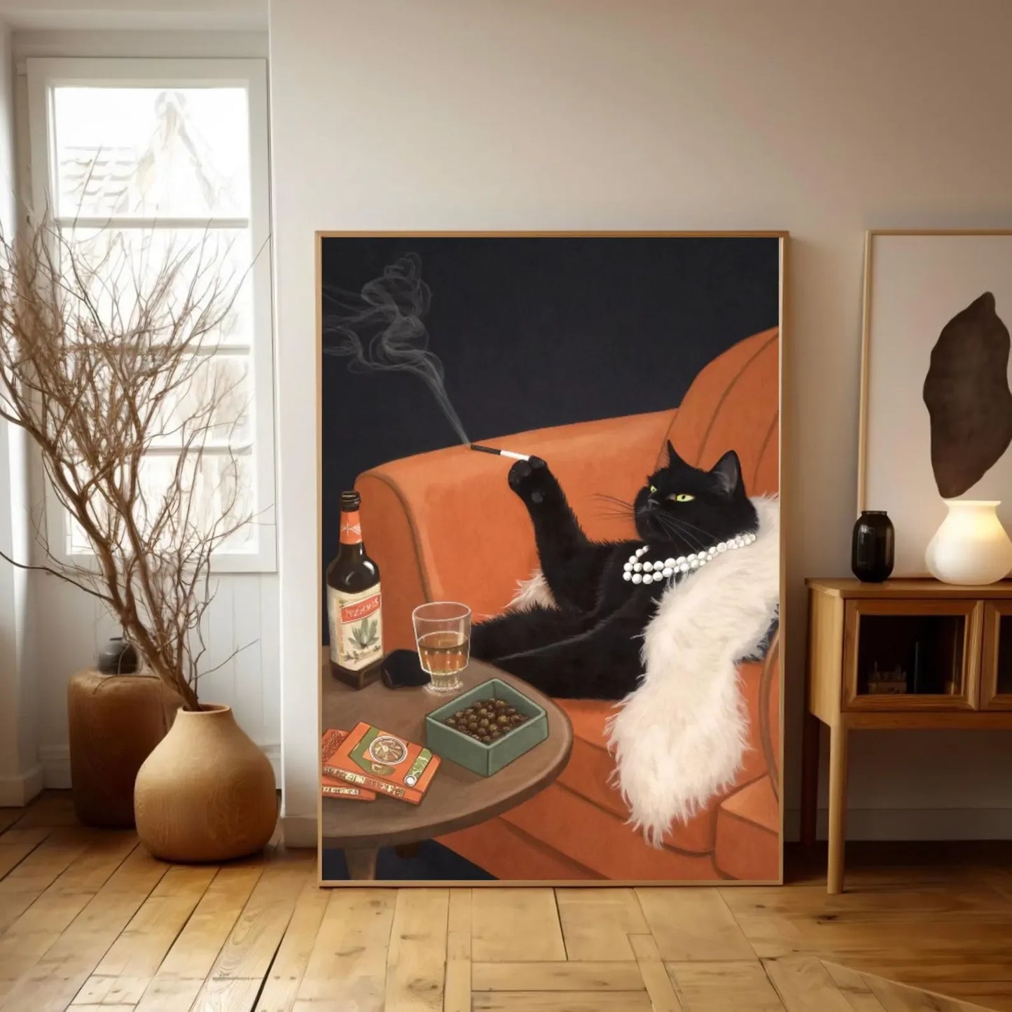 Black Cat Smoking Vintage Canvas Wall Art | Retro Funny Poster