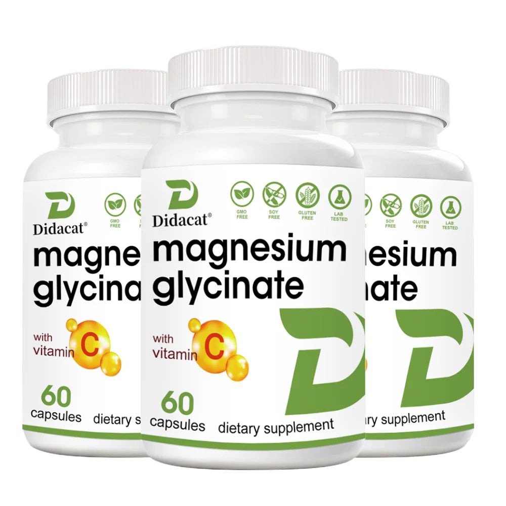 Magnesium Glycinate Capsules with Vitamin C, High Absorption, Supports Muscle Relaxation Nerve Bone & Heart Health, Antioxidant Peaceful Pleasures Health and Wellness 60 count-3 bottle
