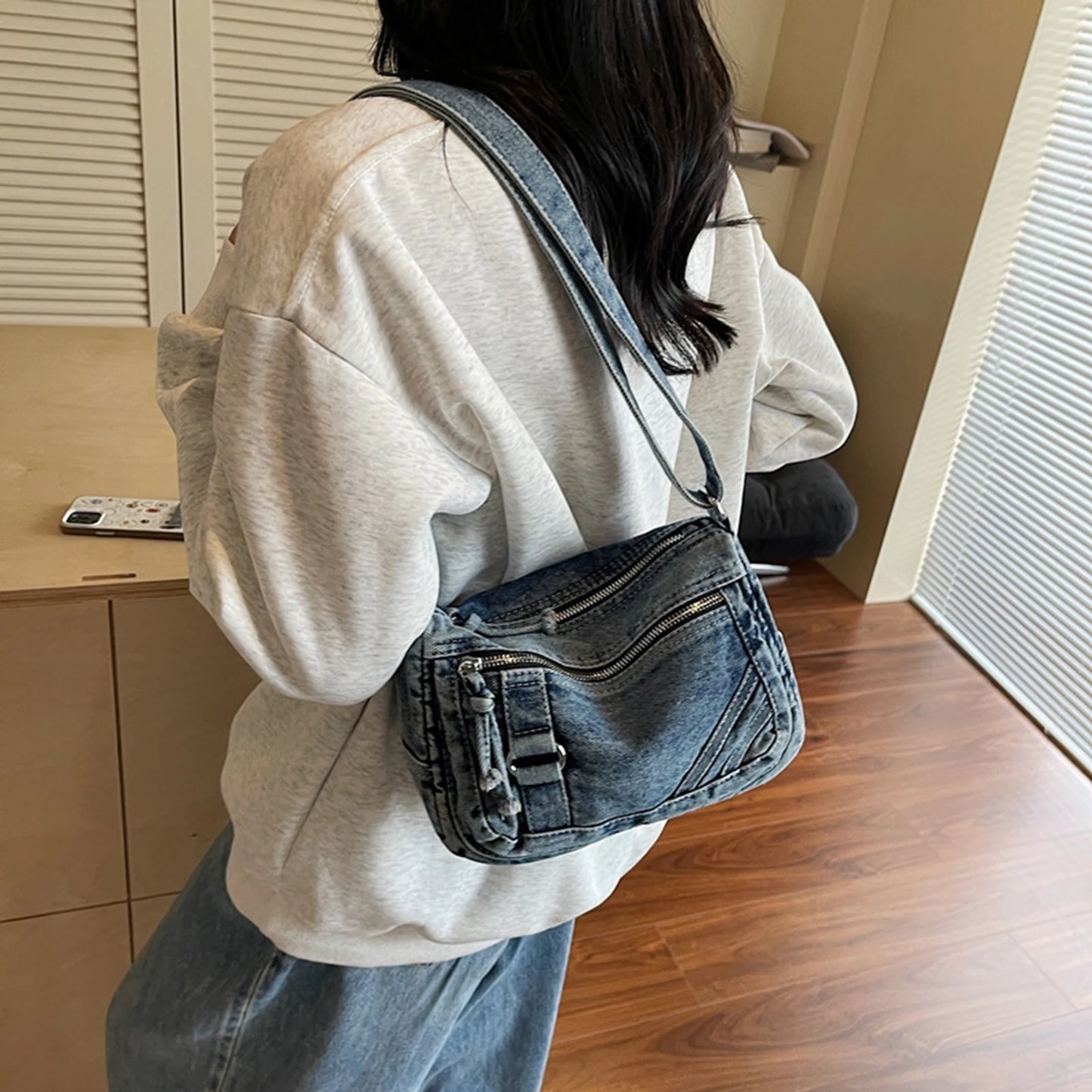 Simple Denim Purse Crossbody Bags Portable Hands-Free Purse Casual Handbags for Daily Shopping Travel Peaceful Pleasures Health and Wellness