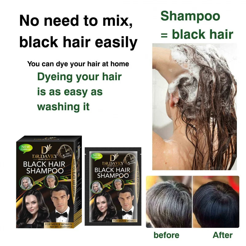 DR.DAVEY Boxed 25ml × 10 PCS Black Hair Dye Nourishes Hair, Cleanses and Cares for It, and Is a Coloring Hair Care Shampoo Peaceful Pleasures Health and Wellness