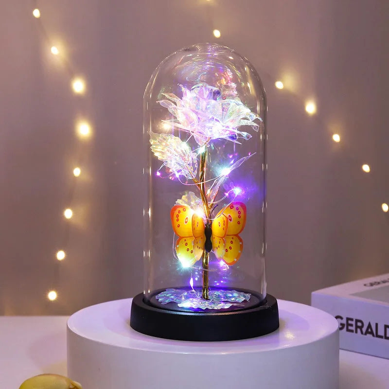 Glass Cover Rose Immortality Flower with Lamp Qixi Valentine's Day Gift Creative Decoration Decorations Peaceful Pleasures Health and Wellness A glass cover 11.5X23X9CM