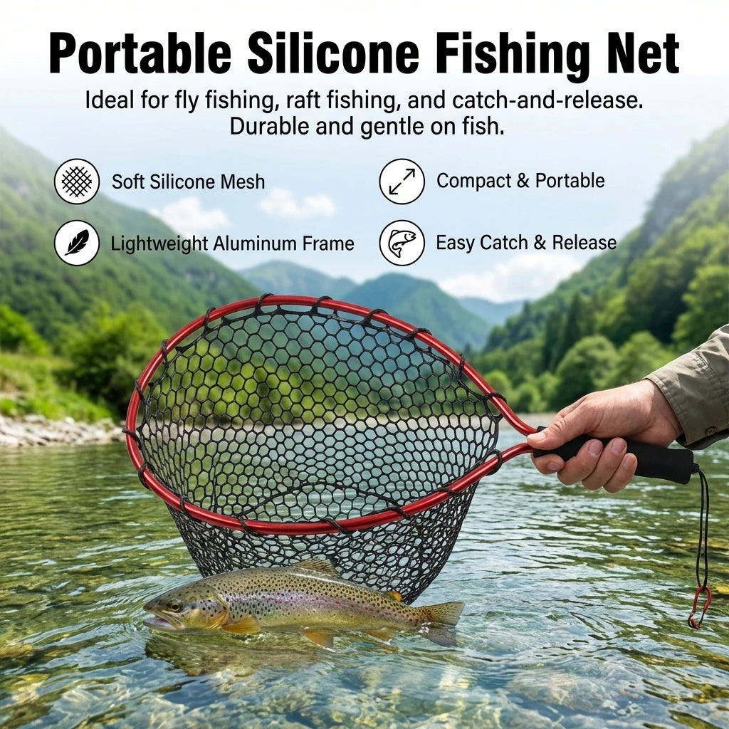 Aluminum Alloy Fishing Net With Silicone Mesh For Shrimp Raft Fishing Portable Foldable Design 37x31cm Peaceful Pleasures Health and Wellness