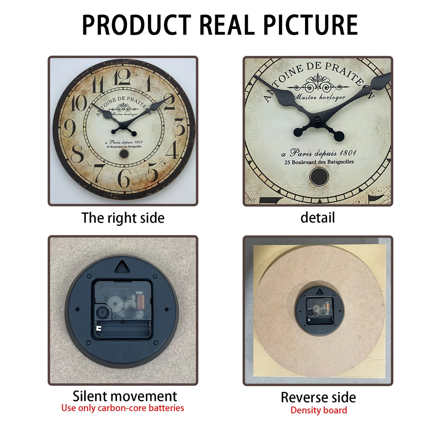 Retro“ Antoine De Praiteon a Paris Dehuis1801” Pattern Wooden Wall Clock Living Room Bedroom Kitchen Home Decoration Wall Clock Silent Quartz Clock Holiday Gift 10 Inches 12 Inches 14 Inches 16inch (Without Battery) Peaceful Pleasures Health and Wellness