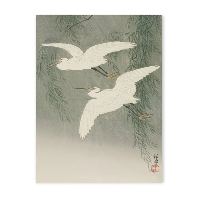 Red Crane Hokusai Canvas Wall Art | Coastal Vintage Print