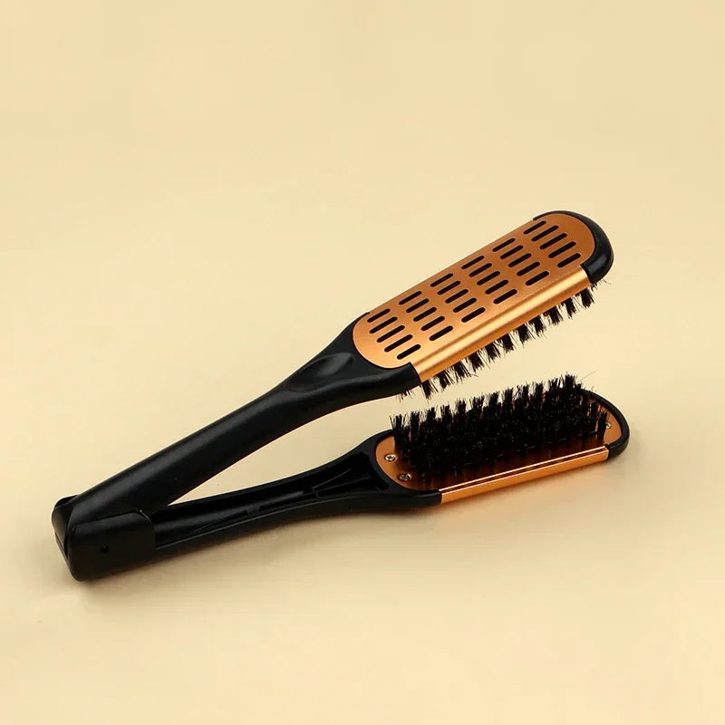Pro Hairdressing Straightener Nylon Hair Straightening Double Brushes V Shape Comb Clamp Not Hurt Styling Tools DIY Home Peaceful Pleasures Health and Wellness Black Yellow