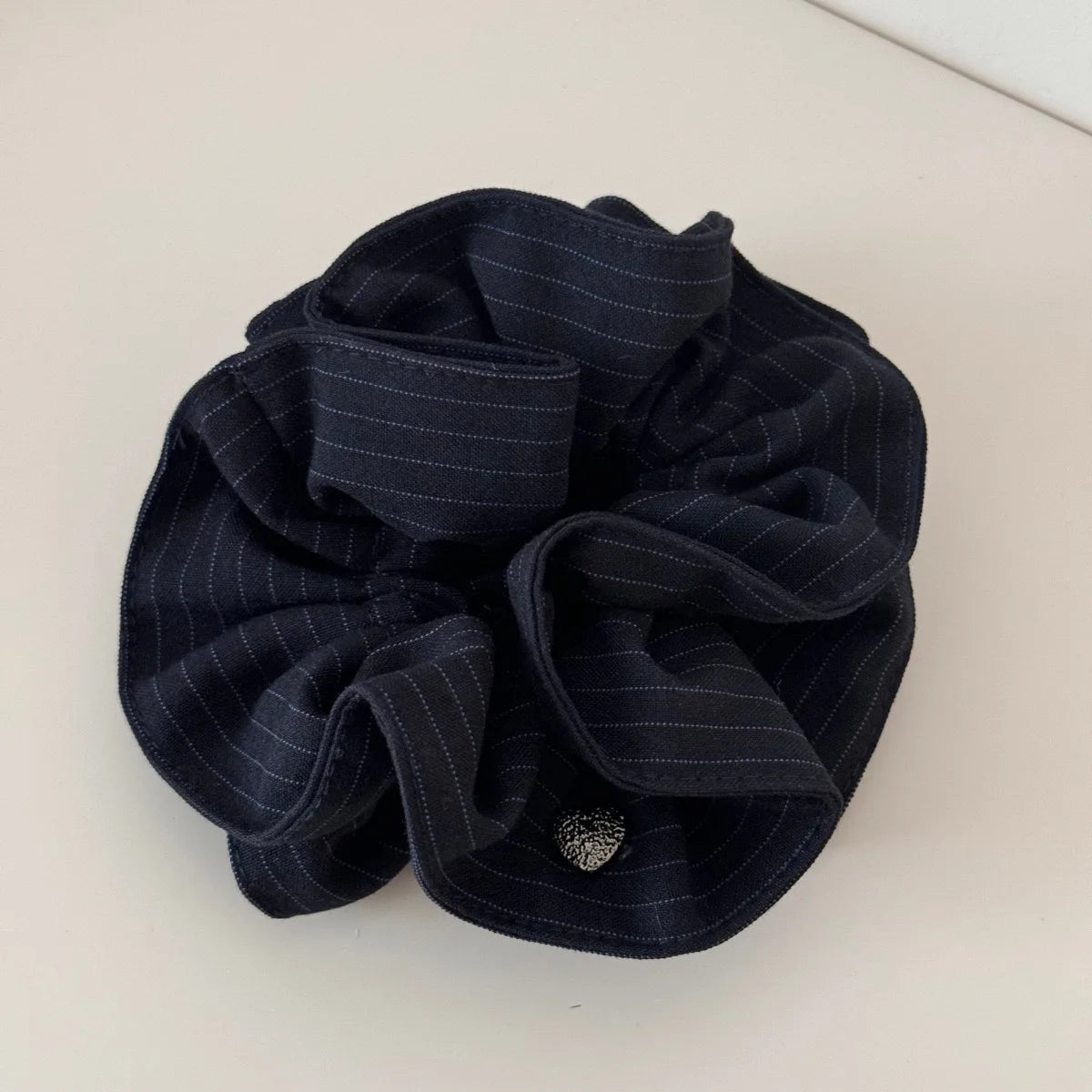 New Korean Stripe Polka Dot Metal Heart Hair Tie Elegant High Grade Square Scarf Large Hair Scrunchie Ponytail Holder Accessory Peaceful Pleasures Health and Wellness Black double-layer