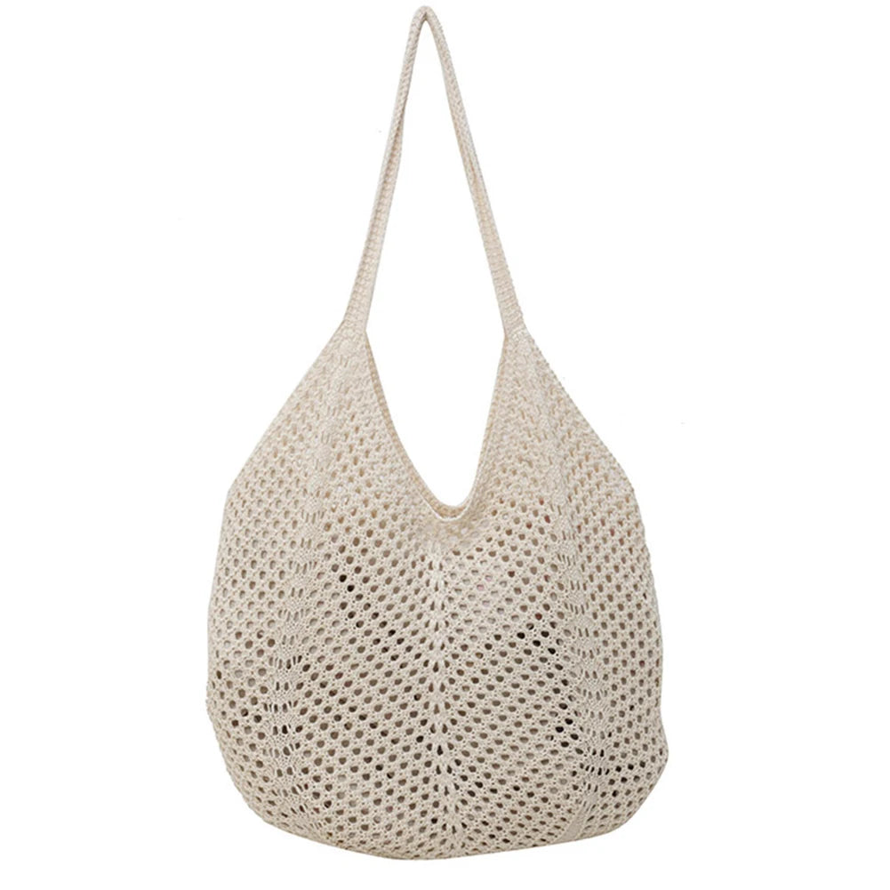 Women Knitting Shoulder Bag Solid Color Hollow Summer Bag Large Capacity Knitted Tote Handbag Female Outdoor Bag Peaceful Pleasures Health and Wellness