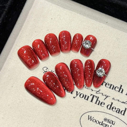 Glossy Red Cat Eye Press On Nails | Almond Crystal Design 10pc Press On Nails Peaceful Pleasures Health and Wellness