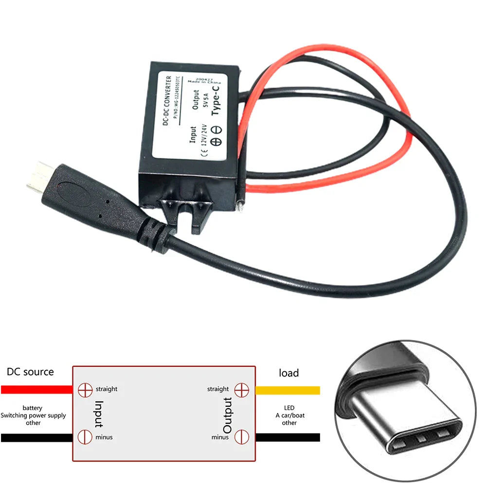 12V/24V to 5V USB-C Step-Down Converter 5A 25W IP68