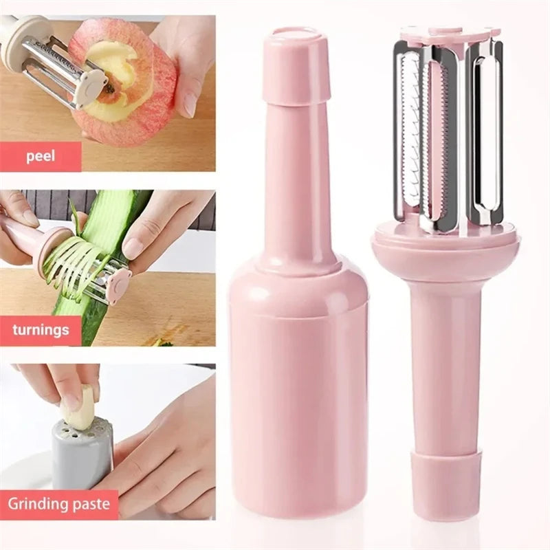 3-in-1 Bottle-Shape Vegetable Peeler & Grater – 3 Stainless Steel Blades, Protective Cover, Pink / Beige / Gray