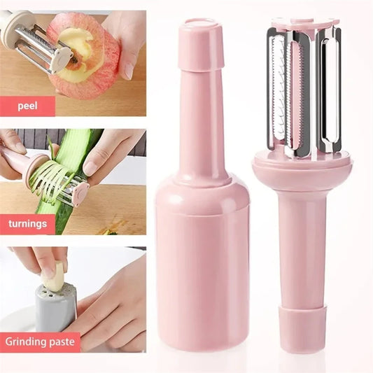 3-in-1 Bottle-Shape Vegetable Peeler & Grater – 3 Stainless Steel Blades, Protective Cover, Pink / Beige / Gray Peaceful Pleasures Health and Wellness