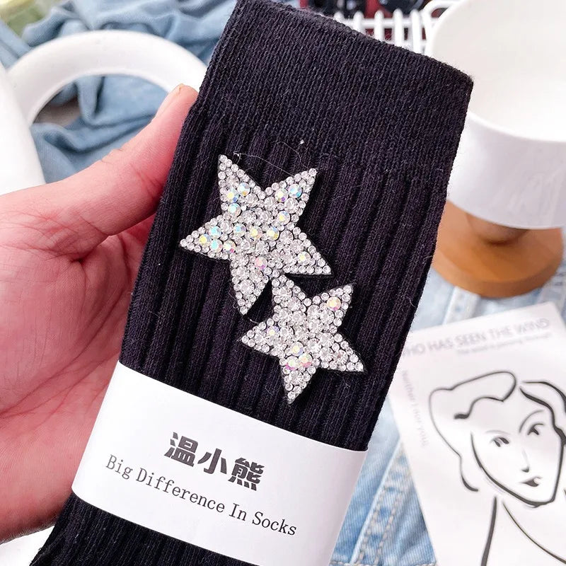 Fashionable Rhinestone Sparkling Women's Socks, Kawaii Star Diamond Sparkling Socks, Comfortable And Breathable Christmas Socks Peaceful Pleasures Health and Wellness black One Size
