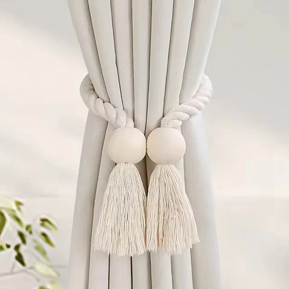 Magnetic Curtain Tieback – Handwoven Cotton Fringe Rope Holdback