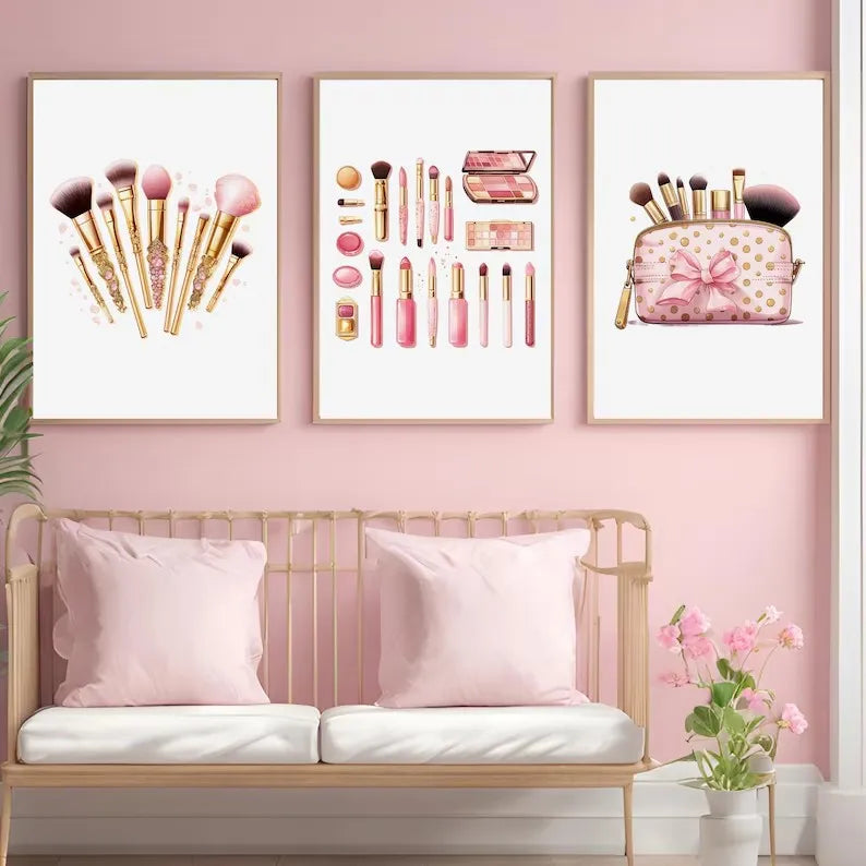 Girly Pink Makeup Canvas Wall Art | Bedroom Décor Poster