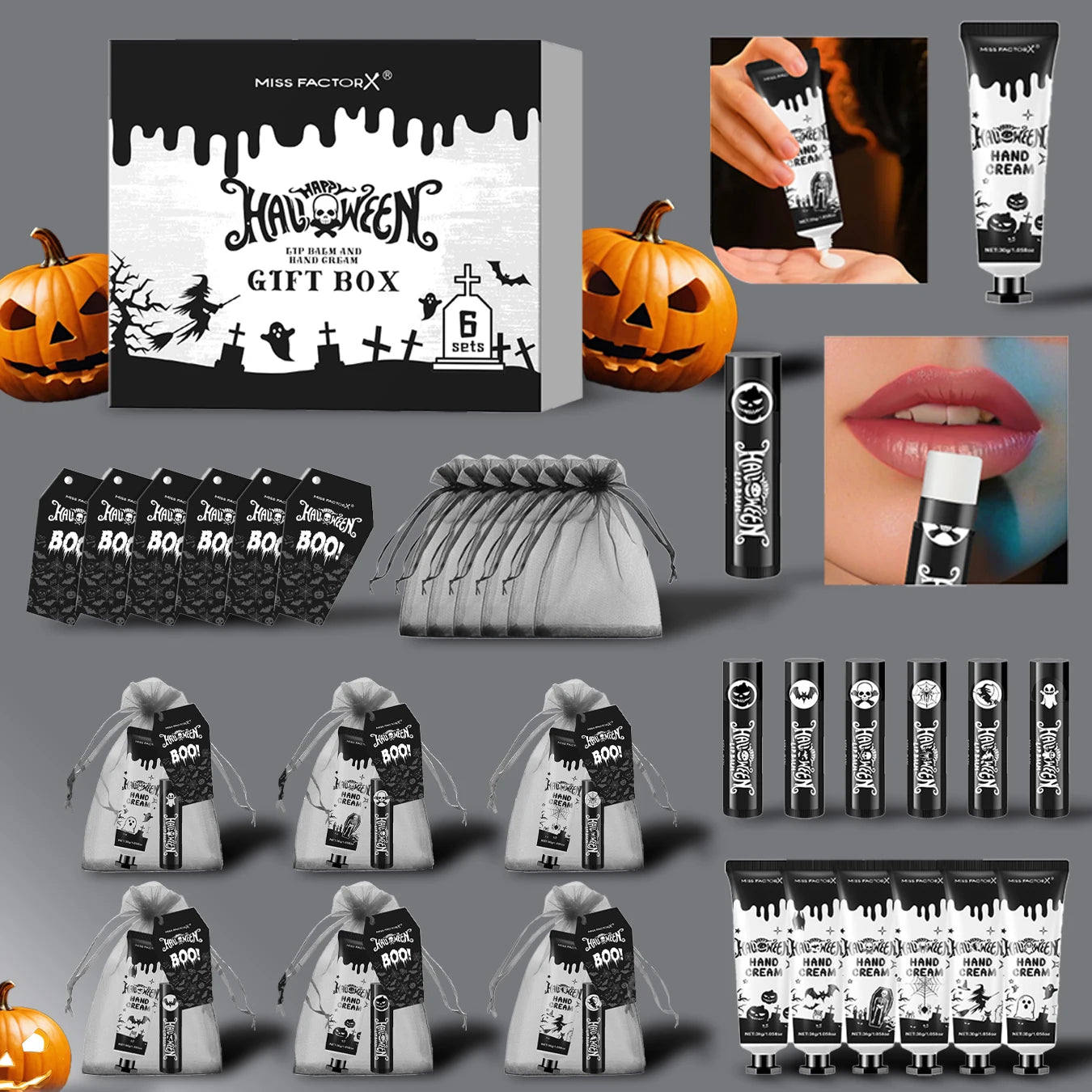 24PCS Halloween gift set (6 hand creams+6 lipstick) Each set includes a Halloween card and gift yarn bag Peaceful Pleasures Health and Wellness