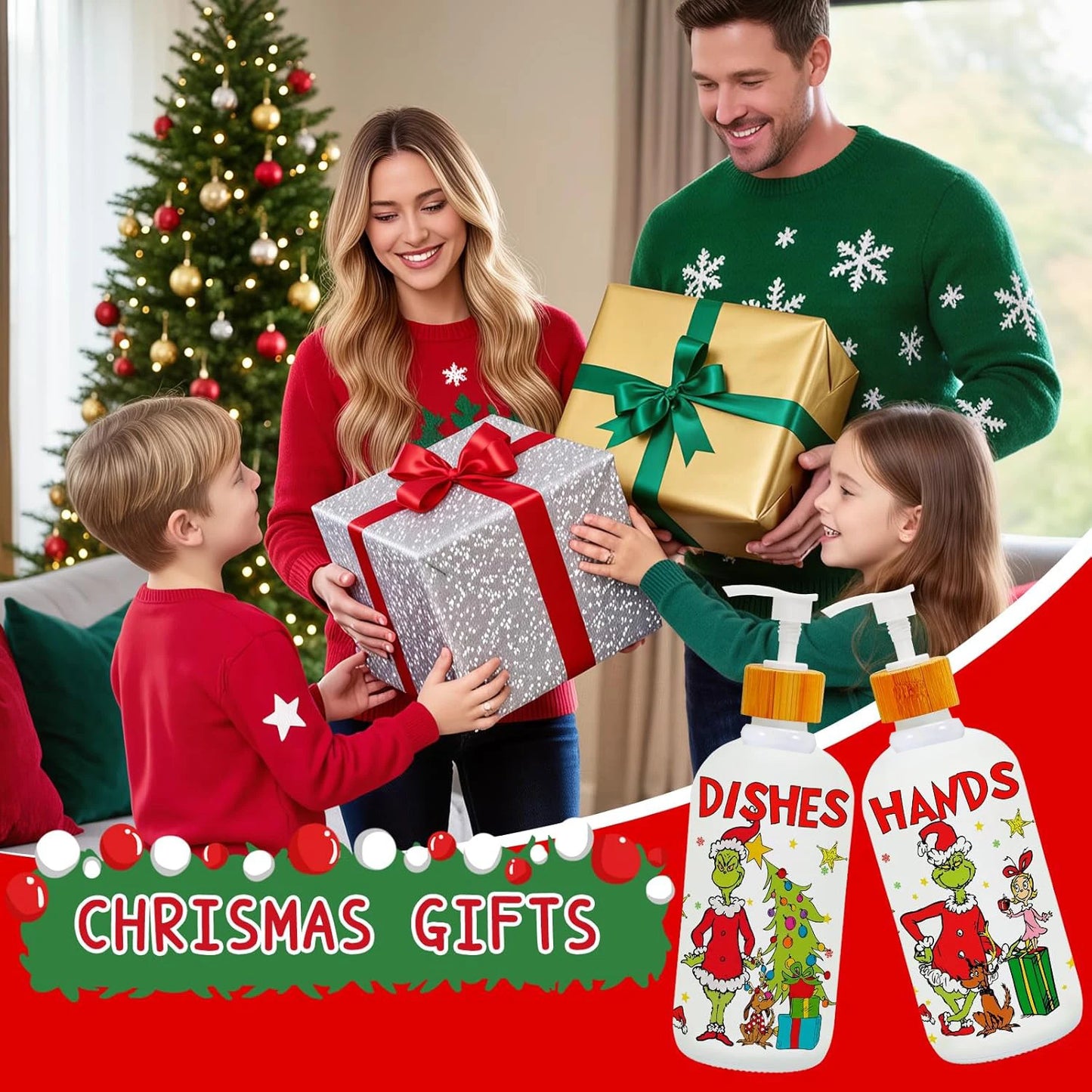 2-Piece Christmas Soap Dispenser Set with Pump & Tray – Refillable Holiday Hand Soap Bottles