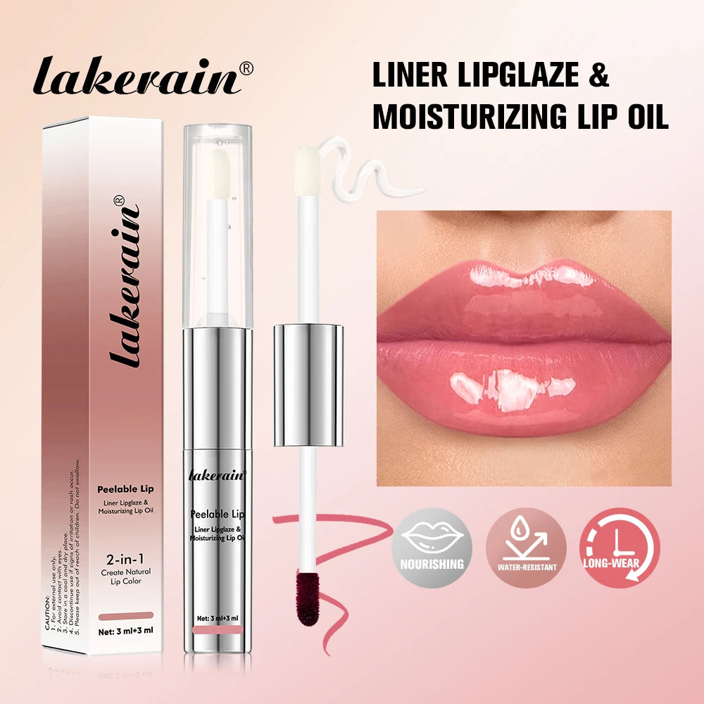 Lakerain 2 In 1 Liner Lipglaze & Moisturizing Lip Oil Peel-off Lip Gloss Deep Hydration Waterproof Soft Lips Dual-head Design Peaceful Pleasures Health and Wellness