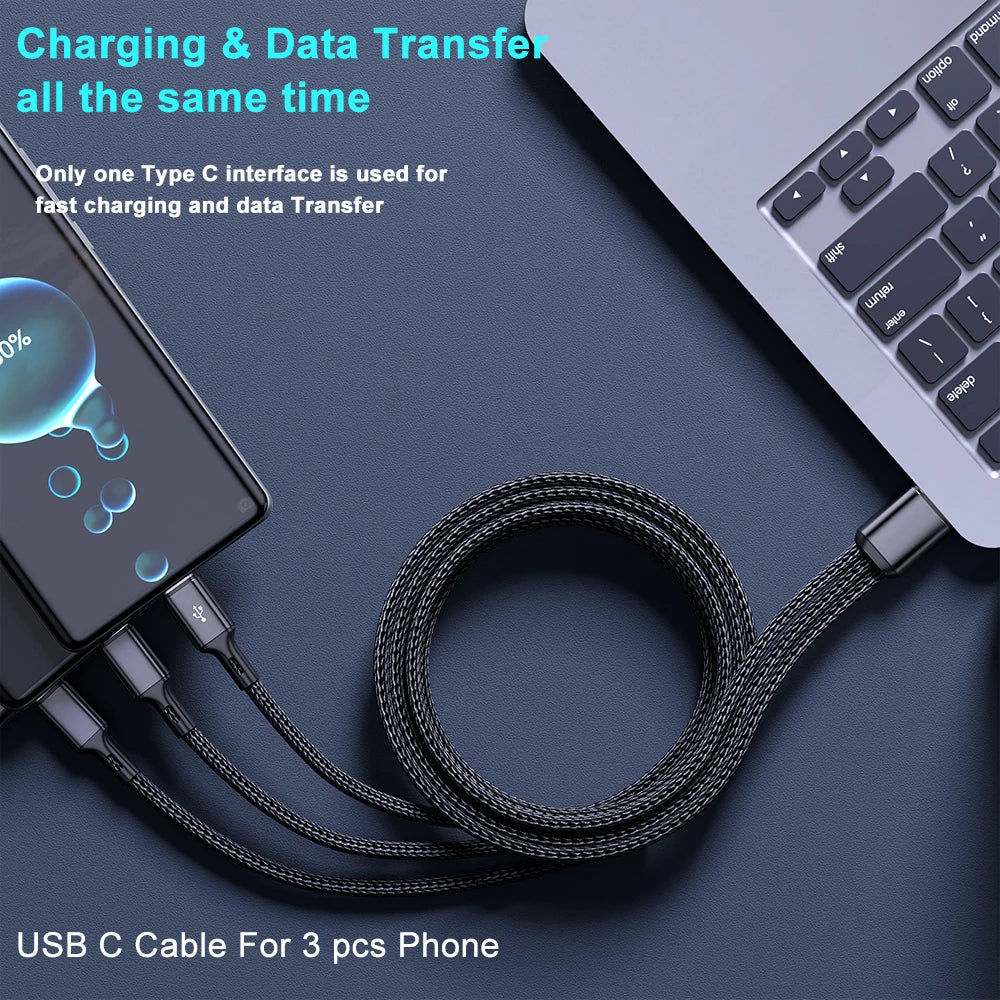 100W 3-in-1 USB to Triple USB-C Cable 6A Fast Charge
