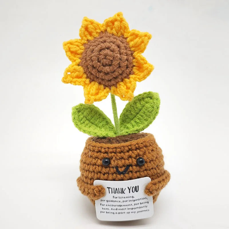 Crochet Sunflower Pot Ornament | Handmade Gift with Positivity Card