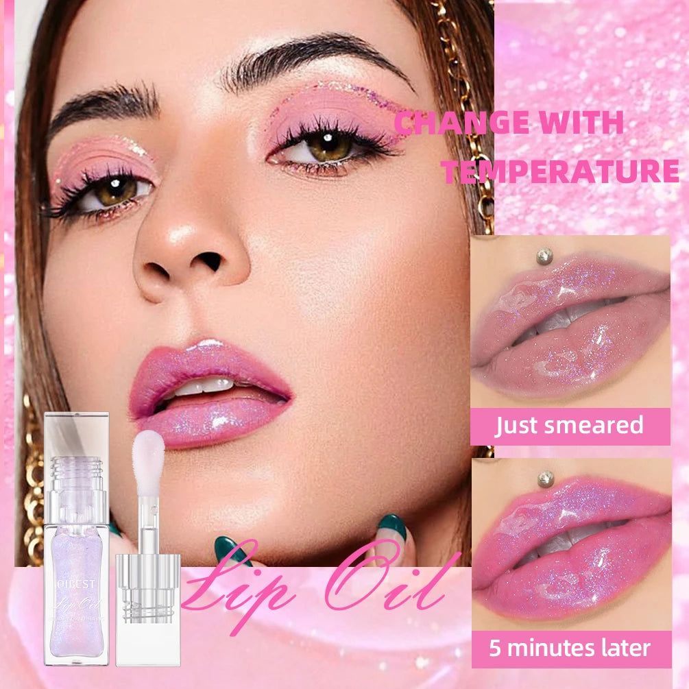 QIBEST Warm Color Changing Lip Oil Easy Color Shiny Pearl Long-lasting Moisturizing Temperature Color Changing Lipgloss Cosmetic Peaceful Pleasures Health and Wellness