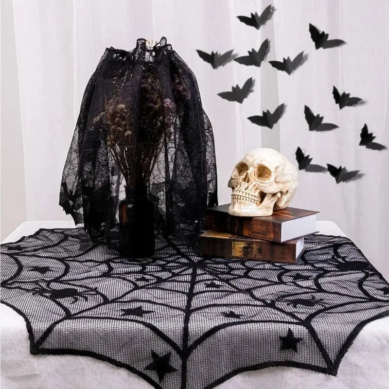 Halloween Black Lace Tablecloth – Spider Web & Bat Table Cover