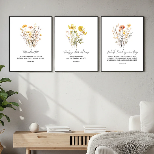 Christian Bible Verse Wall Art, Motivational Quote Flower Canvas Painting | Minimalist Poster for Living Room Bedroom Decor Peaceful Pleasures Health and Wellness