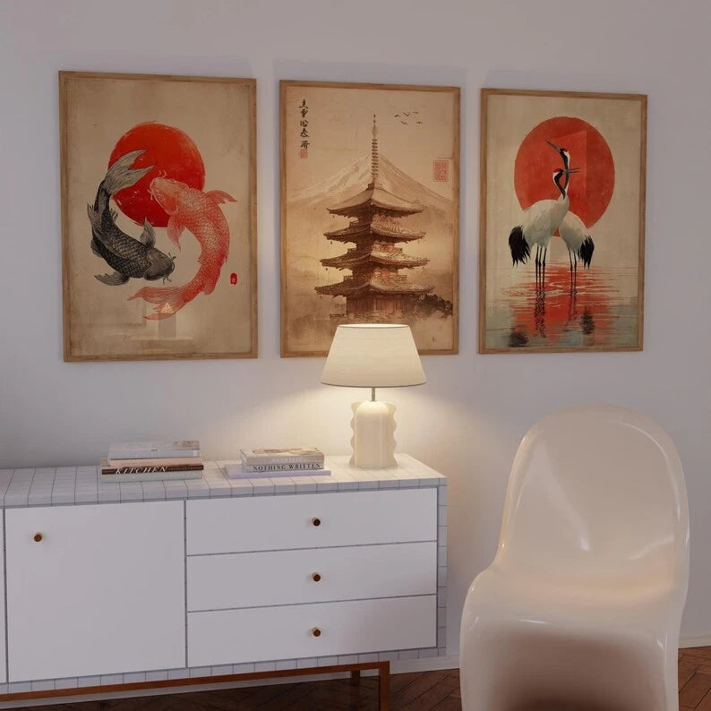 3-Piece Japanese Koi Fish Pagoda Crane Canvas Wall Art Print