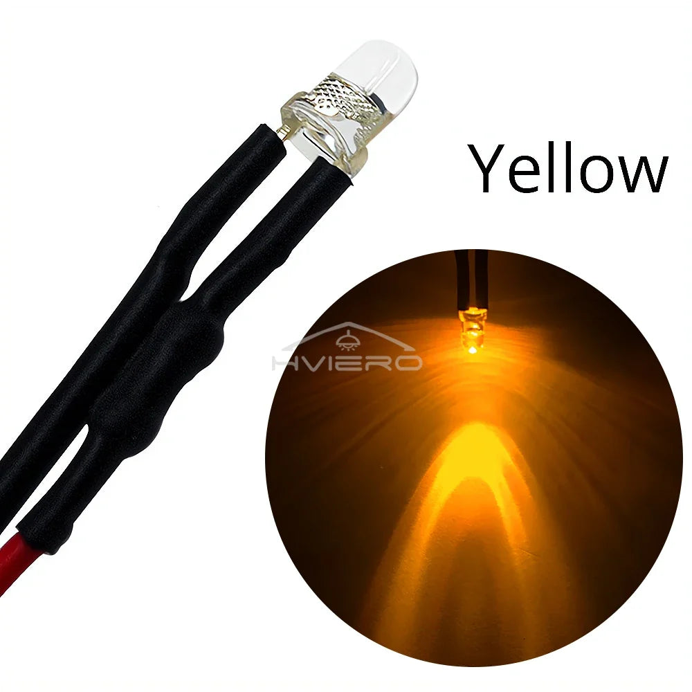 10-Pack 3mm Pre-Wired LED Bulbs DC 12V Water Clear Round Top