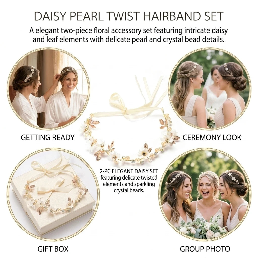 Daisy Crystal-Twist Beaded Headband White 2pcs Alloy Comfort Fit for Women Girls Peaceful Pleasures Health and Wellness