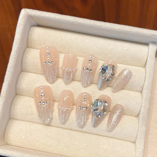 Handmade Press on Nails 3D Crystal Design French Fake Nails Women Girl Wearable Shiny Rhinestone Cat Eye Almond False Nails Peaceful Pleasures Health and Wellness XS
