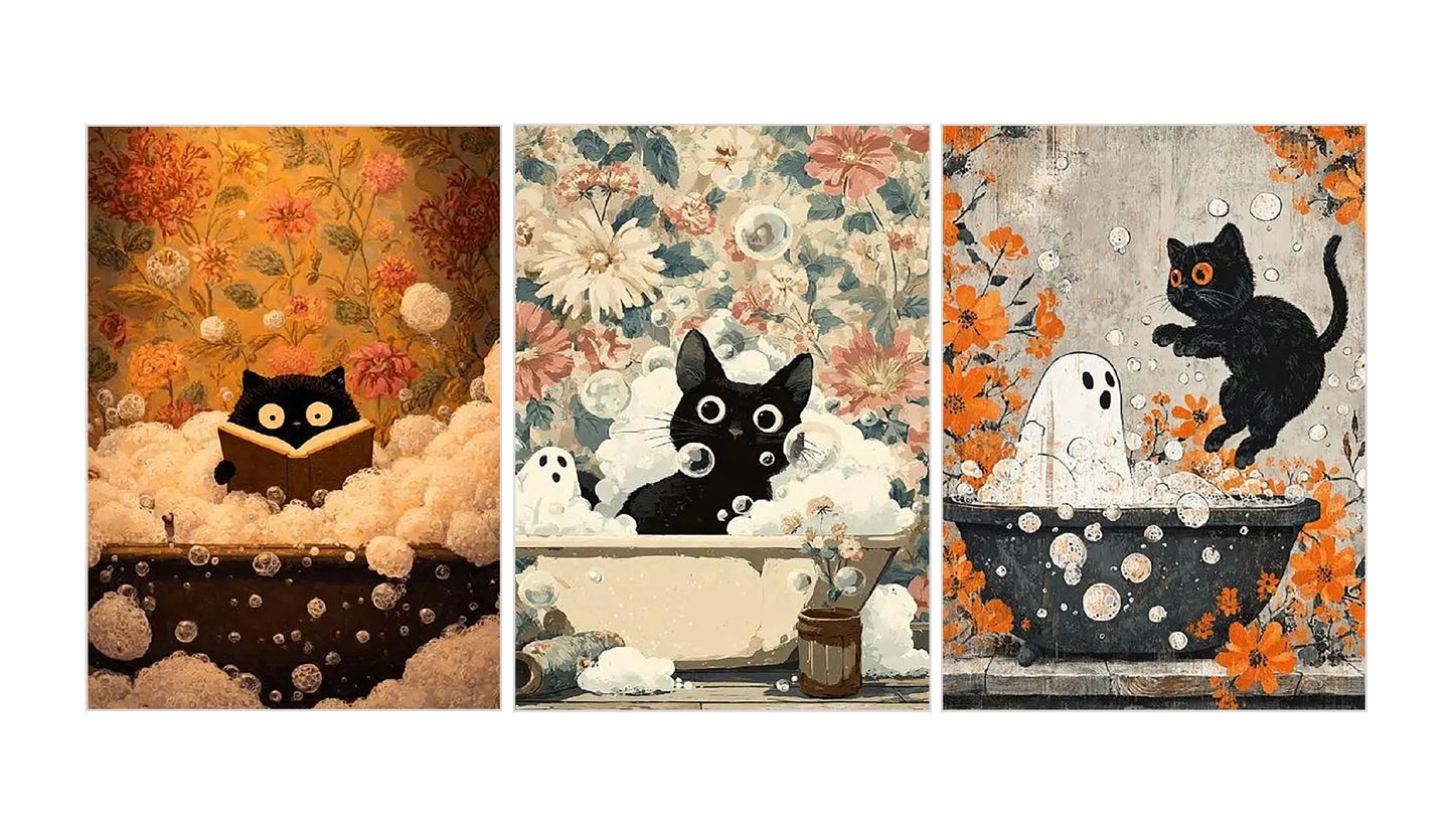Halloween Ghost Black Cat Bathtub Canvas Wall Art Print