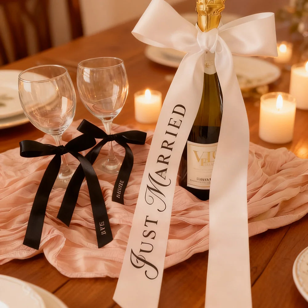 5-Piece Just Married White Bow Ribbon Placecards | Wedding Decor Wedding Placecards Peaceful Pleasures Health and Wellness