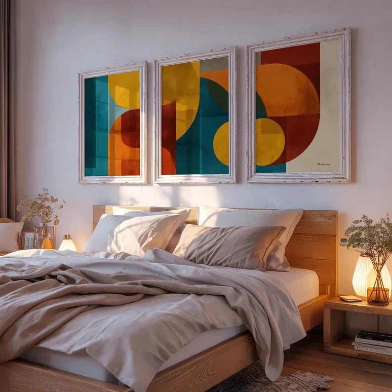 3-Piece Bauhaus Abstract Canvas Wall Art | Mustard Teal Orange