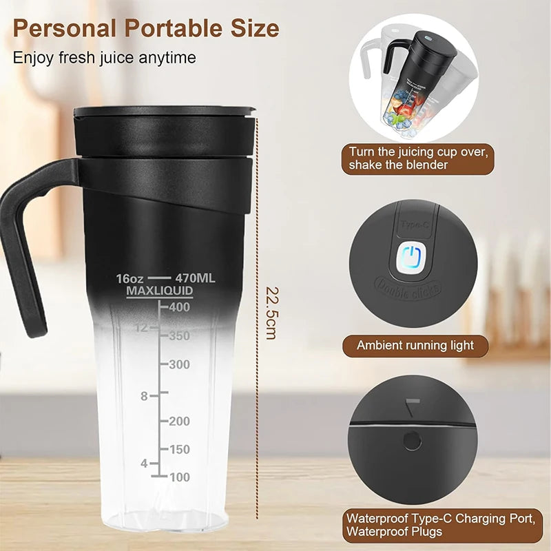 Portable Blender Cup Bottle USB Rechargeable 460ml 6 Blades Fruit Mixer Mini Hand Juicer Blender Smoothie With Straw Peaceful Pleasures Health and Wellness