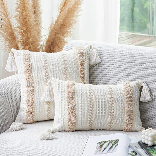 Battilo Boho Throw Pillow Cover Tufted Pillow Case with Tassels Neutral Woven Cushion Cover for Sofa Bed Living Room Home Decor Peaceful Pleasures Health and Wellness Cream 45x45cm