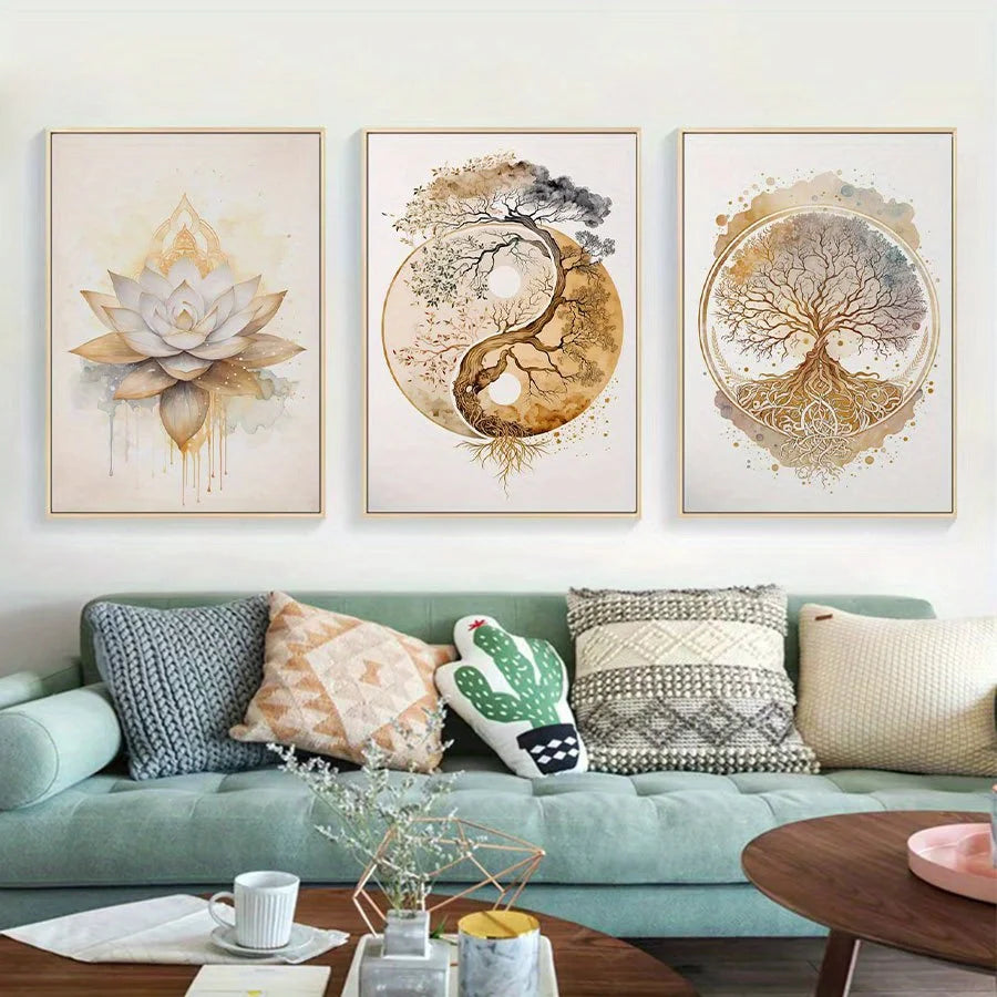 3-Piece Bohemian Lotus & Tree of Life Canvas Wall Art Prints Canvas Wall Art Set Peaceful Pleasures Health and Wellness 70x100cm No Frame ZLH11344-3pcs