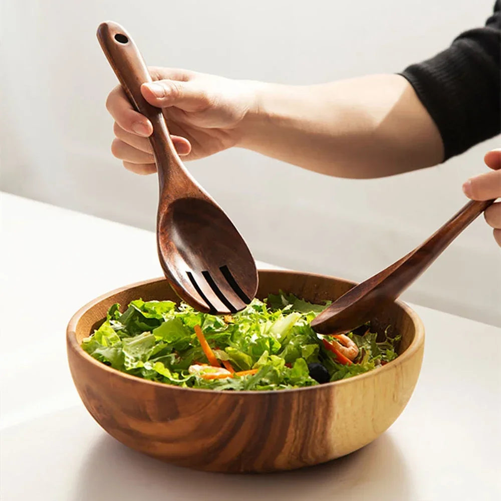 2-Piece Japanese-Style Wooden Serving Spoon & Fork Set – Long Handle Salad Scoop & Serving Utensils