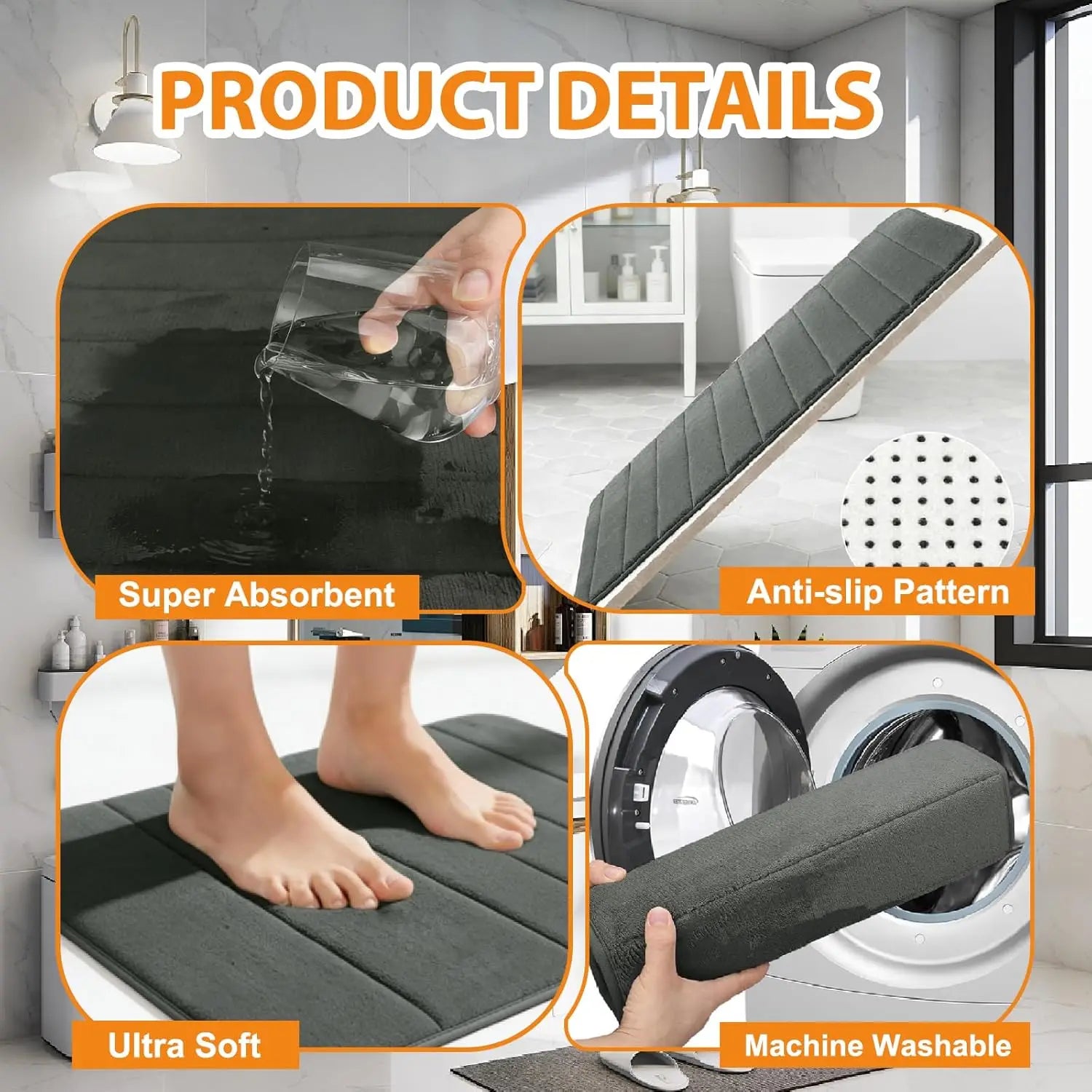 3Piece Non-Slip Bath Mat Set Memory Foam Bathroom Rugs Water Absorbent Shower Mat Machine Washable Toilet Mat for Bathroom Floor Peaceful Pleasures Health and Wellness