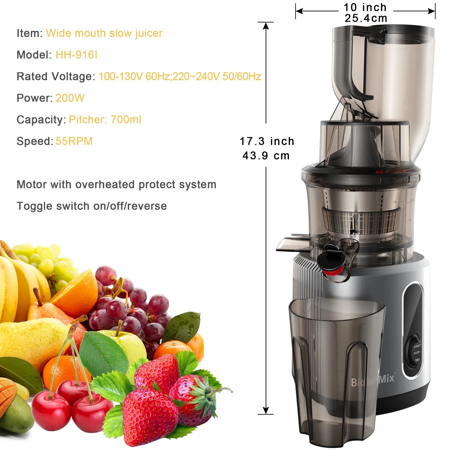 BioloMix Cold Press Juicer – 75mm Feed Chute, 200W, Quiet Motor Juicer BioloMix